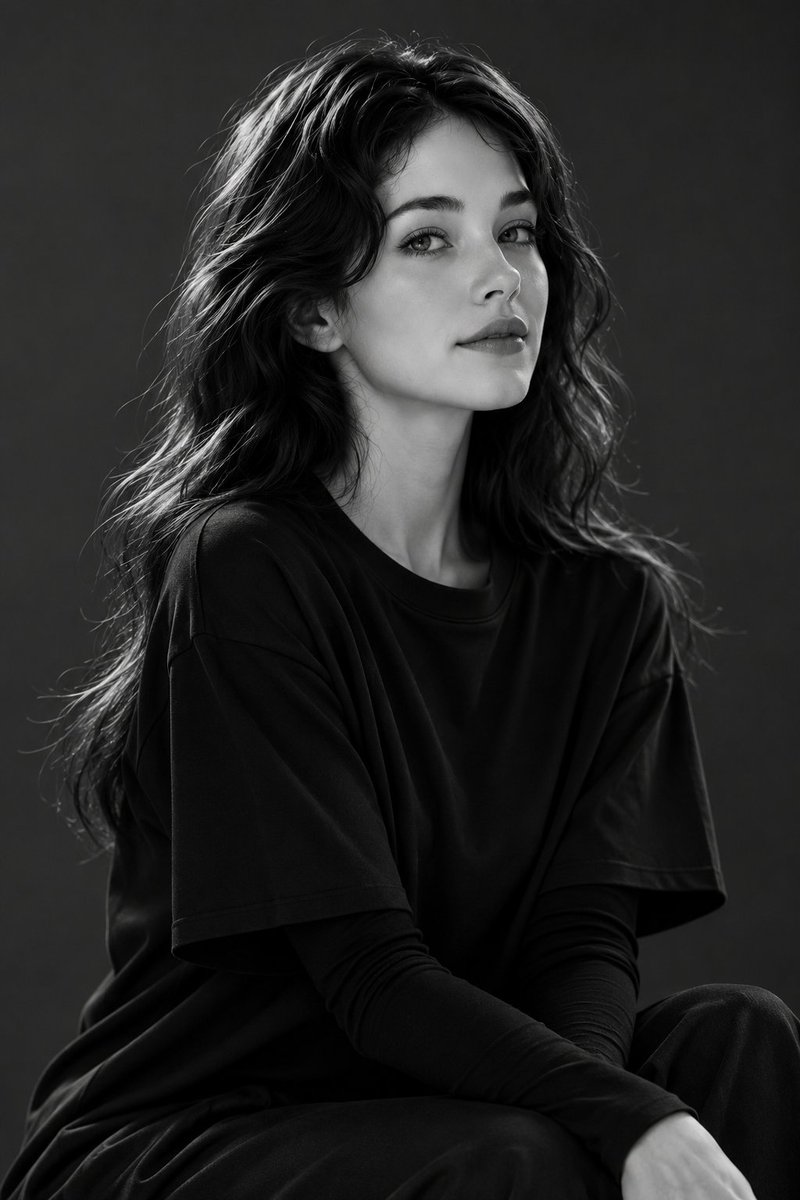 A woman with dark wavy hair smiles softly in black-and-white studio portrait