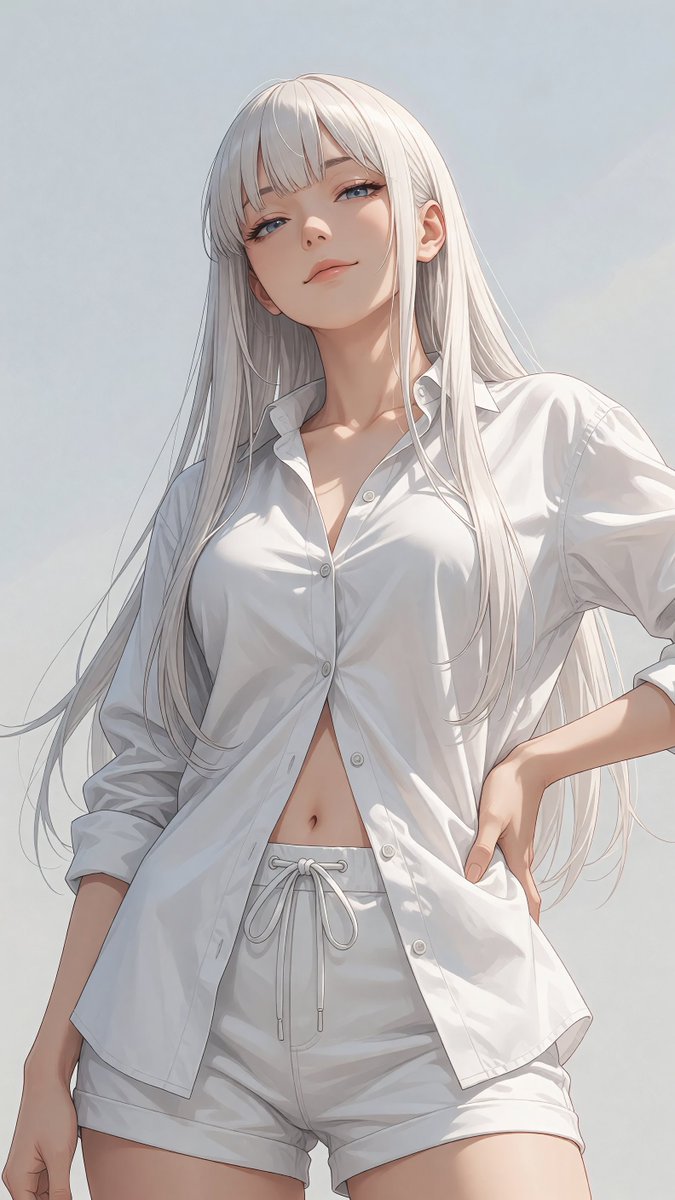 Platinum-haired woman in white shirt looks down with confidence