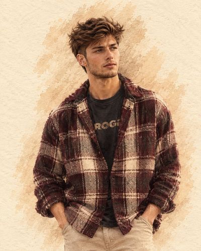 Watercolor Fashion Portrait of a Bearded Man in Plaid