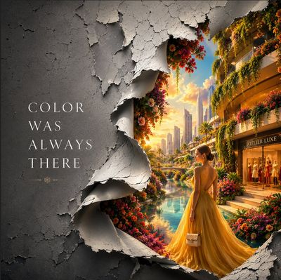 A monochrome paint layer peels to reveal a vibrant luxury world