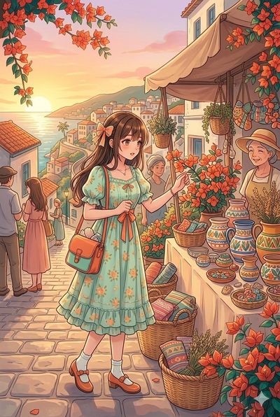A young woman in floral dress browses a coastal market at sunset
