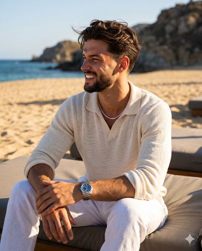 A man in cream knit polo leans back on beige cushions