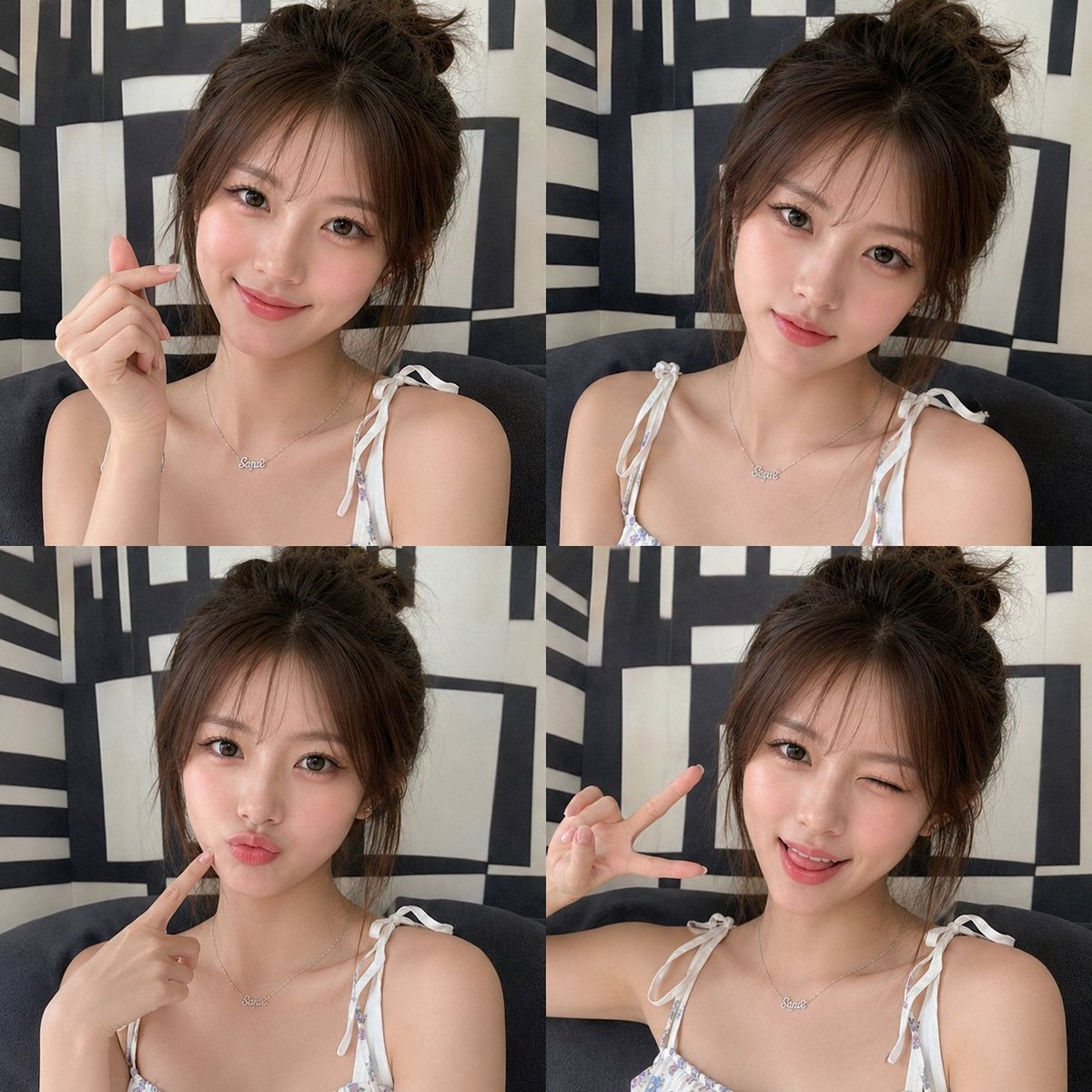 East Asian woman makes playful expressions in a 2x2 grid
