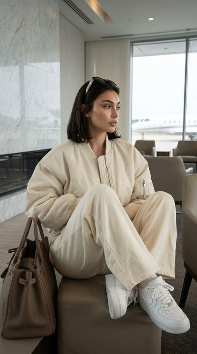 A woman in cream bomber jacket reclines in a private terminal lounge.