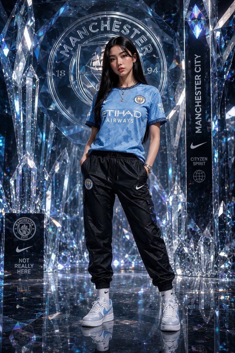 Model in blue sky jersey stands inside a crystal palace