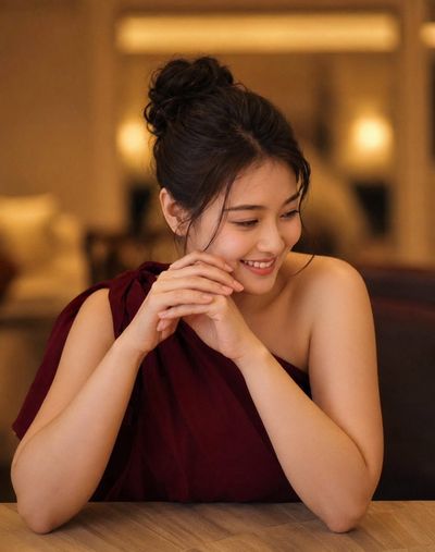 Woman in maroon dress smiles softly at wooden table
