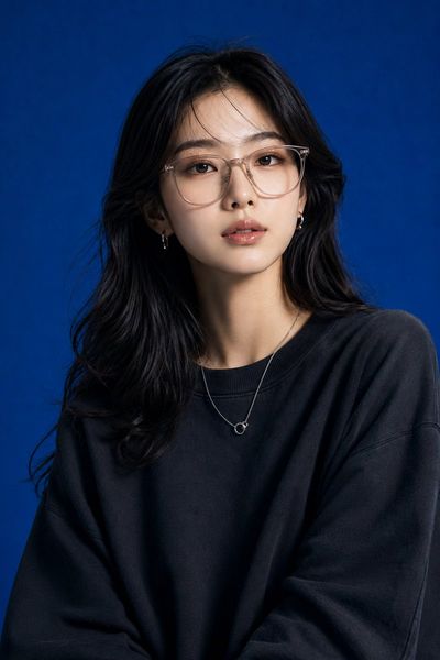 Young Korean woman in blue studio with confident upward gaze