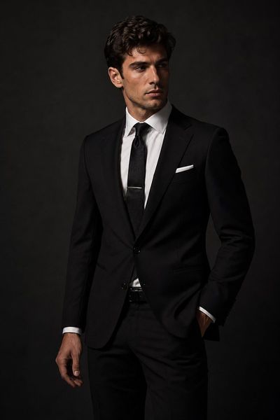 Confident model in black suit poses under dramatic studio lights