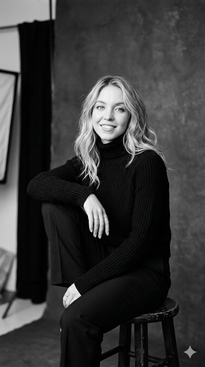 Sydney Sweeney poses elegantly in a black and white studio portrait.
