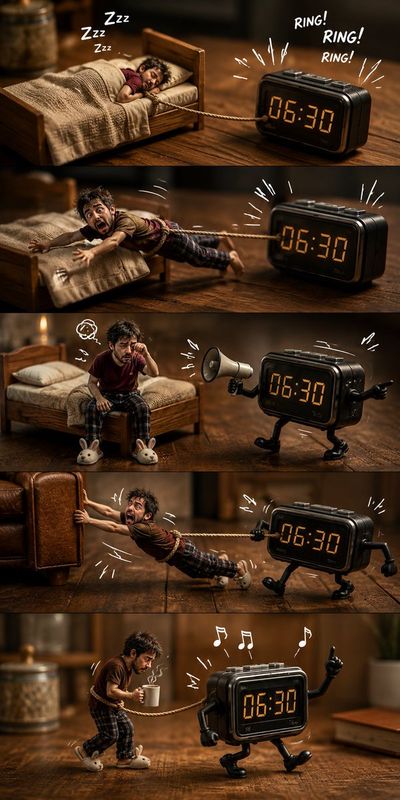 A sleepy man is dragged from bed by a bossy alarm clock