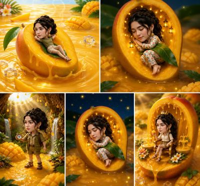 A chibi character relaxes on a giant mango in a juice lake