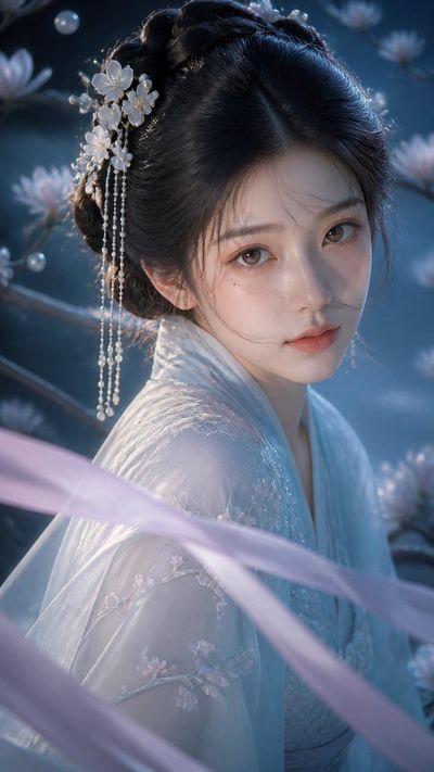 A serene figure in blue-green night gazes through a misty veil