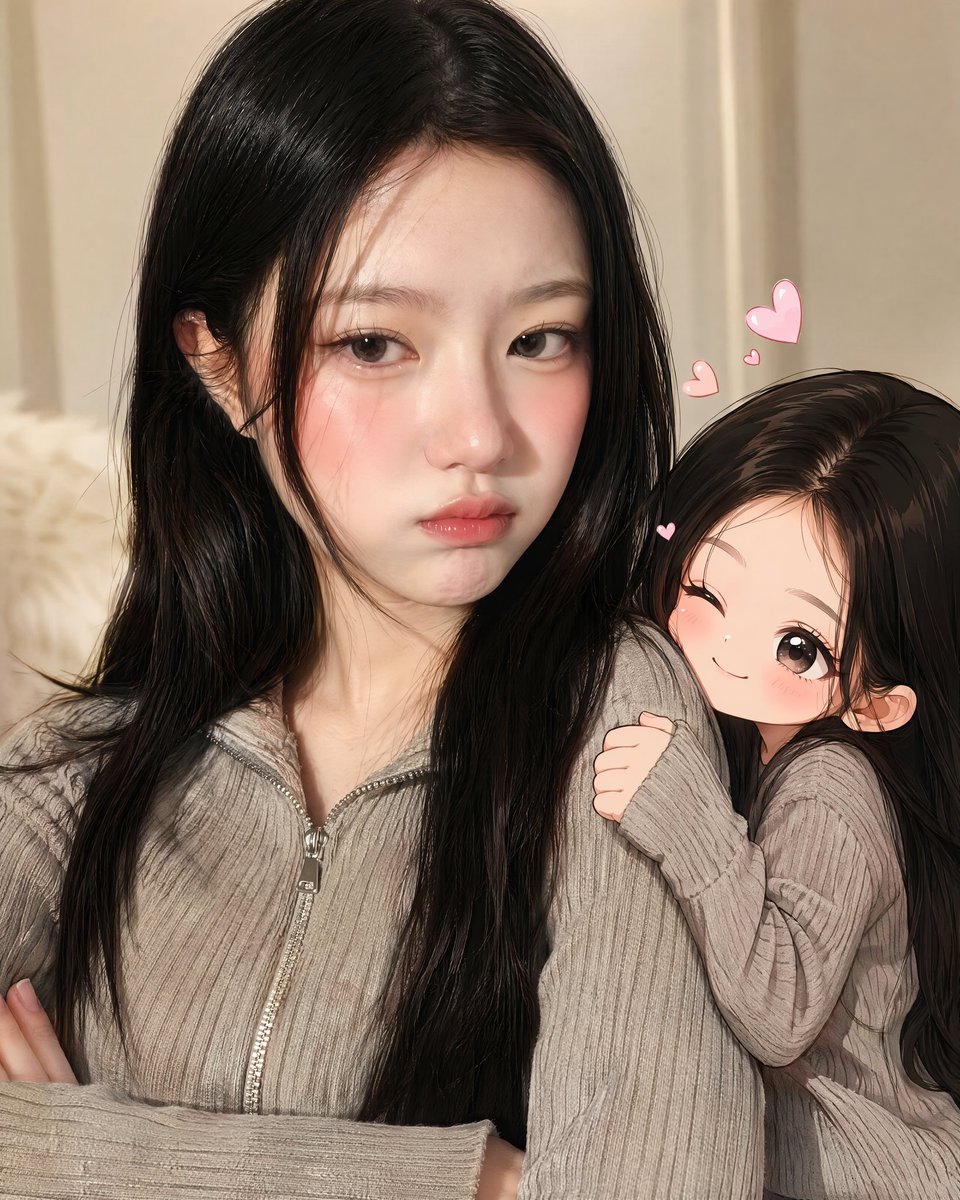 A realistic woman pouts while her anime clone clings to her arm