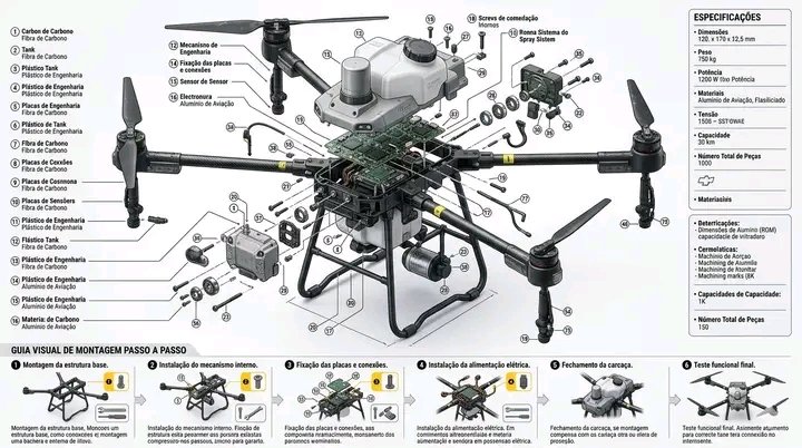 Exploded drone reveals every component in precise vertical layers