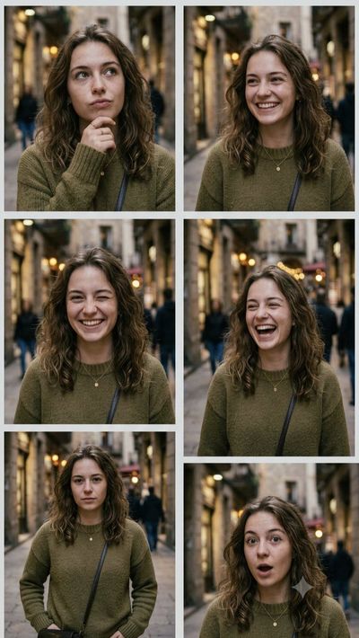 Young woman shows six emotions in a cinematic urban portrait