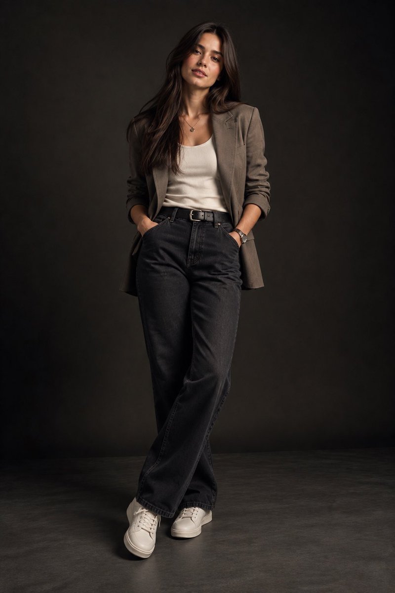 Confident Woman in Oversized Blazer Poses in Minimalist Studio Portrait