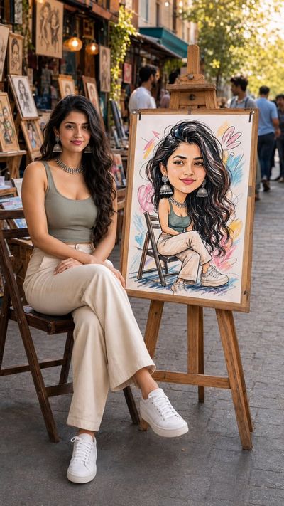 South Asian woman poses with caricature at golden hour market