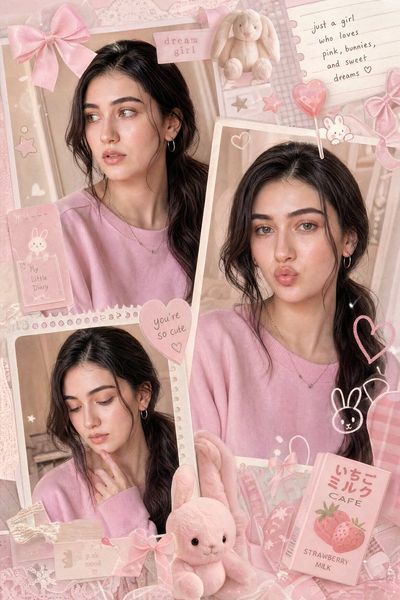 A young girl in pastel pink collage poses with soft glam makeup