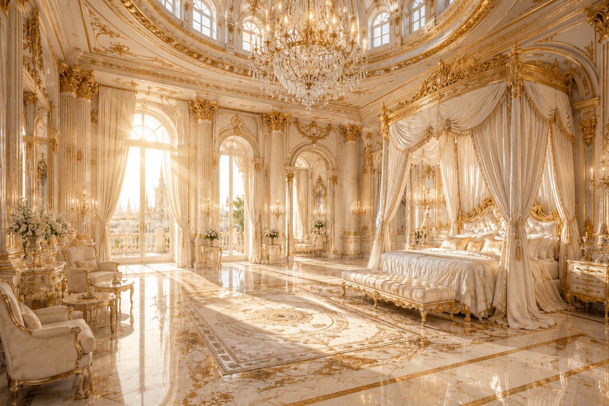 A majestic princess bed glows under a crystal chandelier's warm light