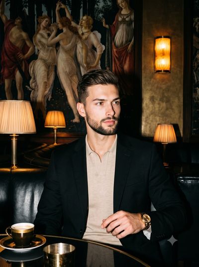 A man in a black blazer gazes past a coffee cup in a club