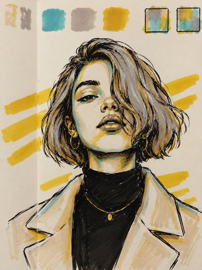 Confident editorial portrait transforms into bold marker sketch