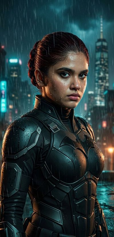 A female vigilante stands in the rain, her armor reflecting city lights