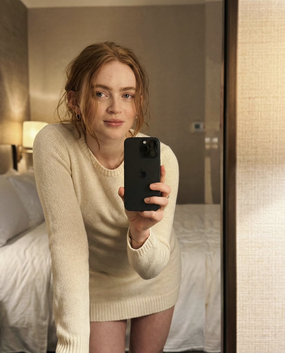 Intimate Mirror Selfie of Sadie Sink in Warm Ambient Light