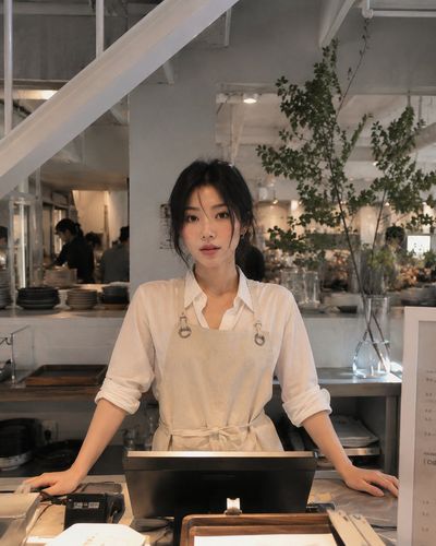 Barista serves coffee in a sunlit trendy café with vibrant decor