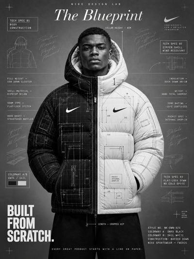 Nike puffer jacket split into black and white halves with blueprints