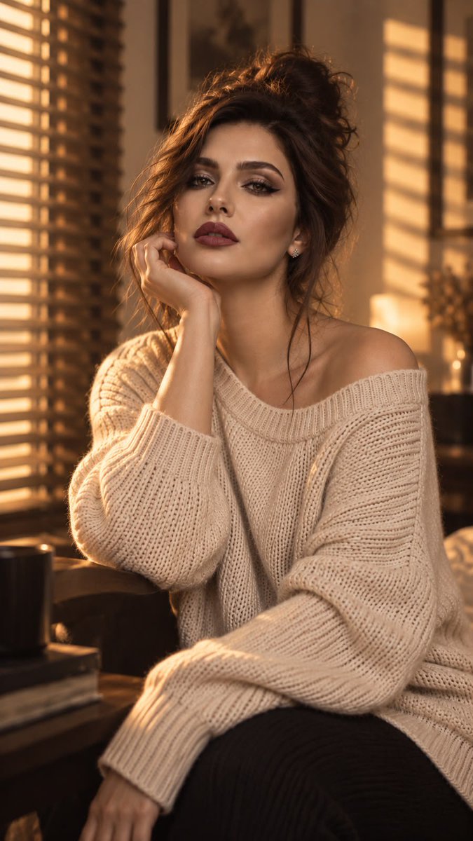 Warm evening light frames a woman in a loose cream knit sweater