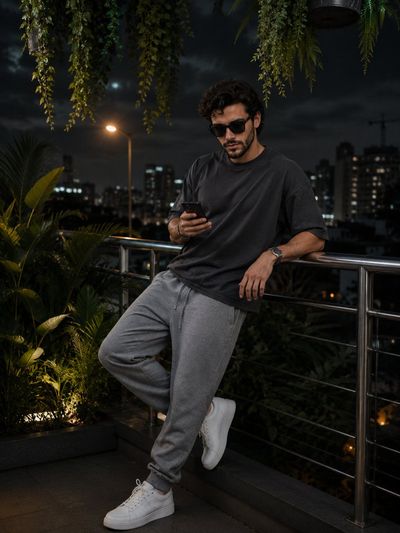 Casual man in streetwear checks smartphone on night rooftop