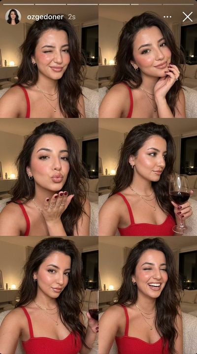 Flirty selfie collage of a woman in a red dress at night