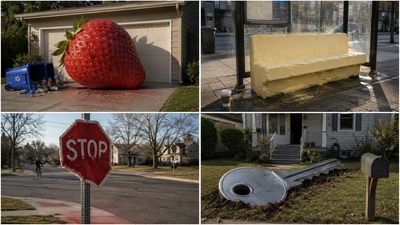 A giant strawberry casts a long shadow across a suburban driveway