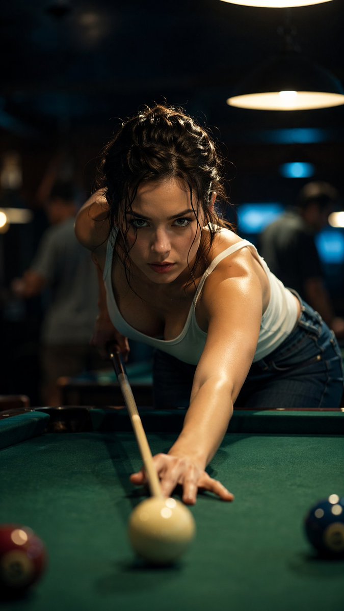 Precision Focus: Young Woman's Intense Pool Shot in Cinematic Detail