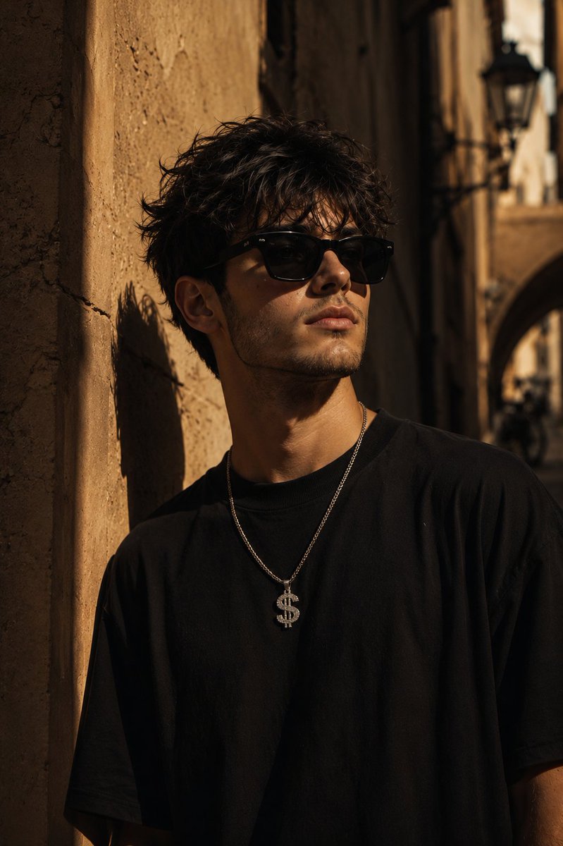 A stylish man wears a clay pot in a sunlit Moroccan alley