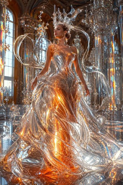 Molten glass gown flows around supermodel in crystal cathedral