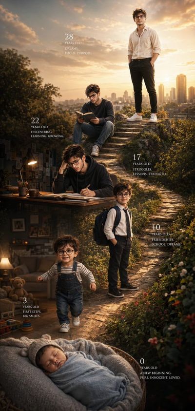 A man's journey through life stages on a winding stone path