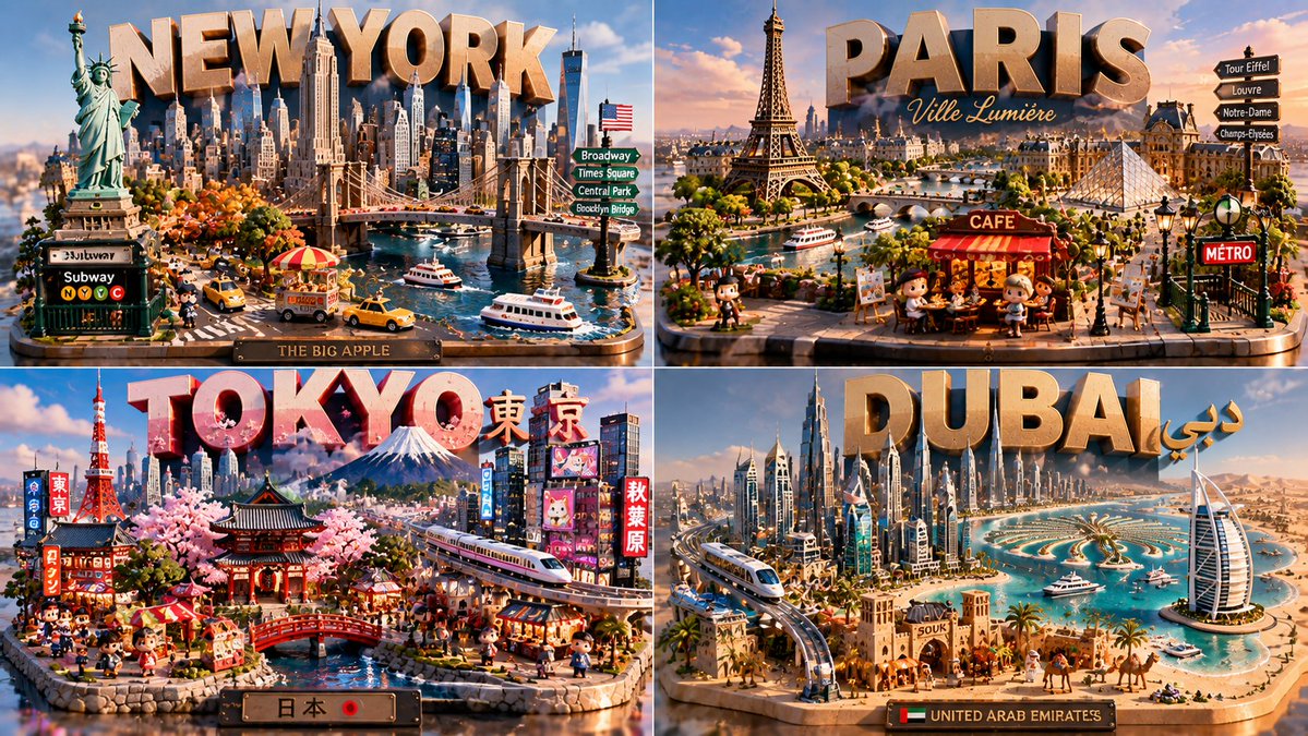 Glossy miniature diorama of Paris with tiny chibi figures and 3D title blocks