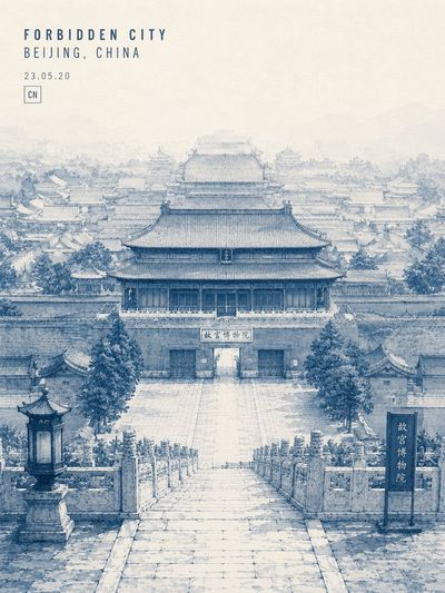 Great Wall winds through misty mountains in indigo ink wash