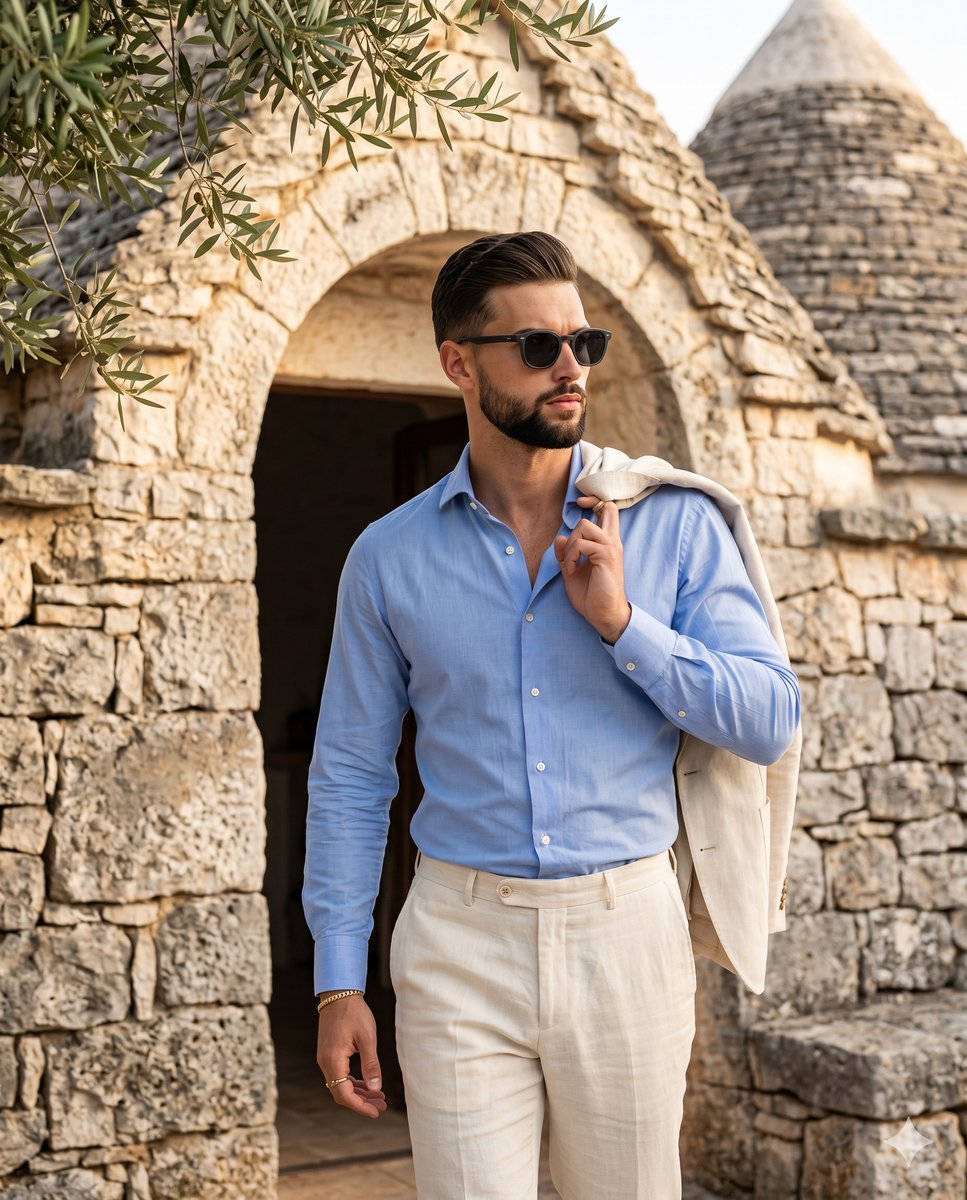 Confident man in blue shirt turns through Mediterranean stone archway