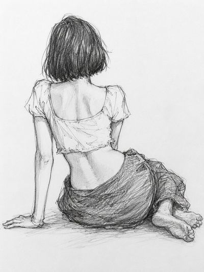 Young woman seated on floor in loose graphite sketch style
