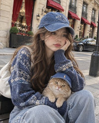 Young woman and matching cat wear blue caps in street selfie