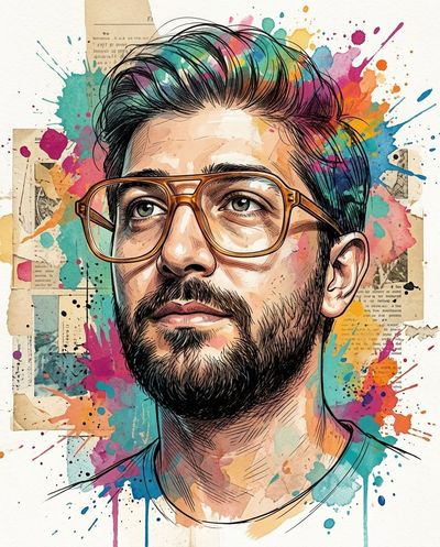 A pensive portrait with oversized glasses and ink splashes.