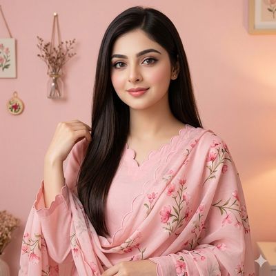 A woman with long dark hair smiles gently in a pink floral dupatta