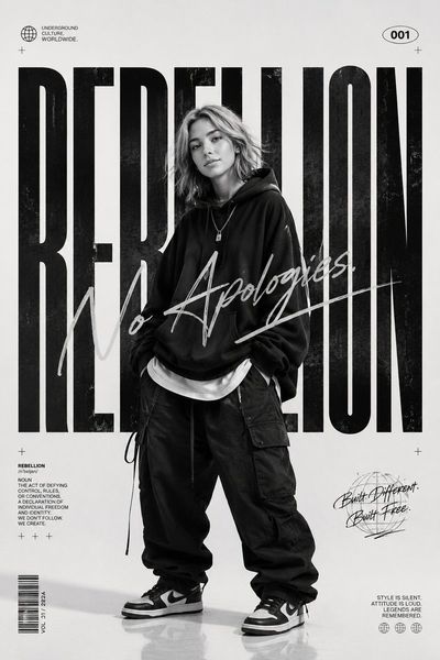 Oversized monochrome streetwear editorial captures rebellious urban attitude