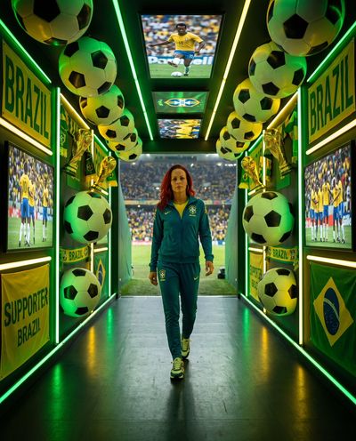 A player strides through a tunnel of floating soccer trophies
