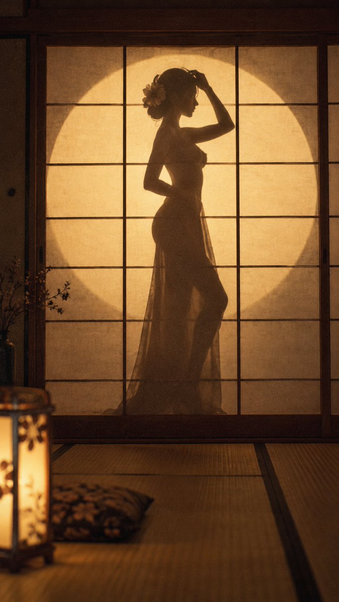 Elegant silhouette behind glowing shoji paper at golden sunset