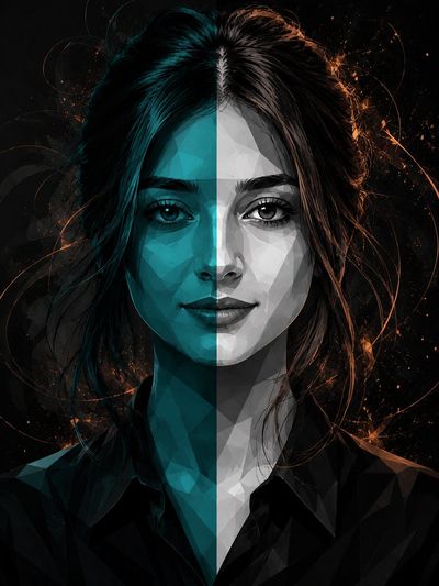 A split-face cubist portrait blends teal shadows with sharp monochrome tones.