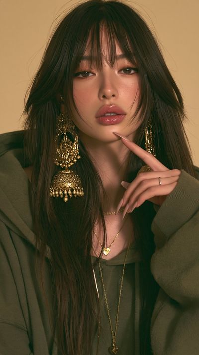 Young woman with jhumka earrings touches her lip in soft light