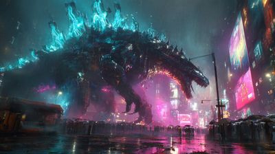 Colossal biomechanical kaiju smashes neon megacity in photorealistic film still